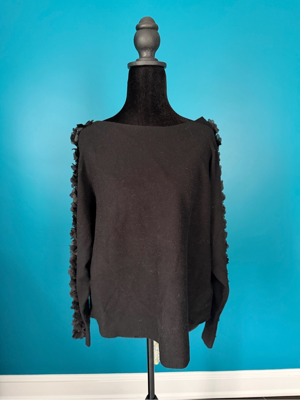 Black Women's Knit Sweater with Ruffle Sleeve Detail